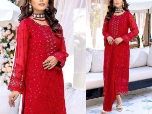 Heavy Embroidered Red Chiffon Party Wear Dress 2024 Price in Pakistan