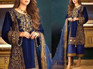 Handwork Heavy Embroidered Navy Blue Organza Wedding Dress 2022 Price in Pakistan