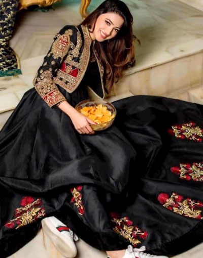 Readymade Koti Style Embroidered Shamoz Silk Maxi Price in Pakistan