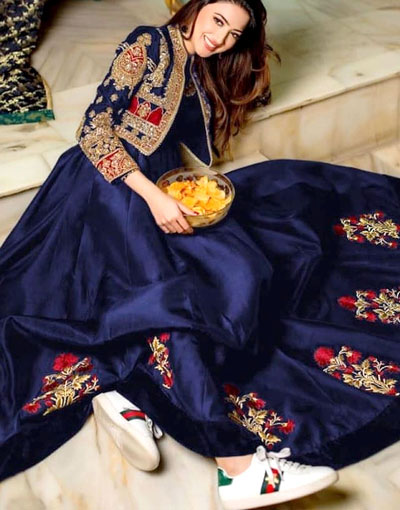 Readymade Koti Style Embroidered Shamoz Silk Maxi Price in Pakistan