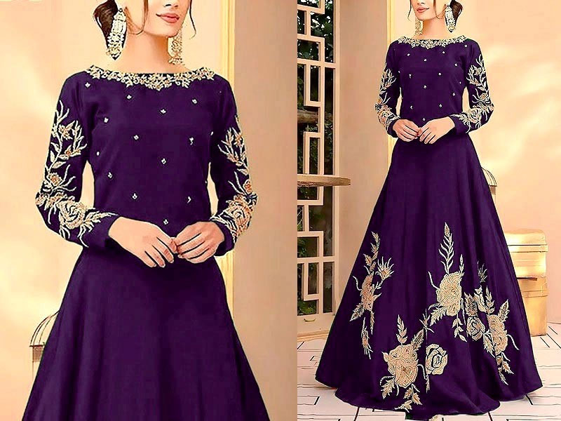 Readymade Embroidered Purple Shamoz Silk Maxi Price in Pakistan