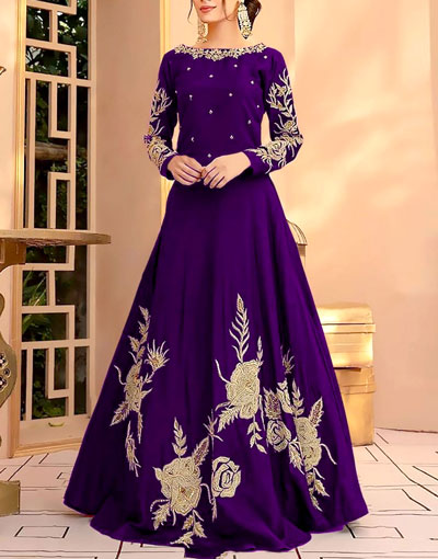 Readymade Embroidered Purple Shamoz Silk Maxi Price in Pakistan