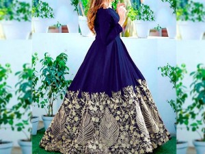 Readymade Embroidered Navy Blue Chiffon Maxi with Inner
