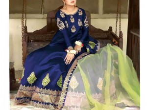 Readymade 3-Piece Embroidered Blue Silk Maxi Dress with Embroidered Organza Dupatta Price in Pakistan