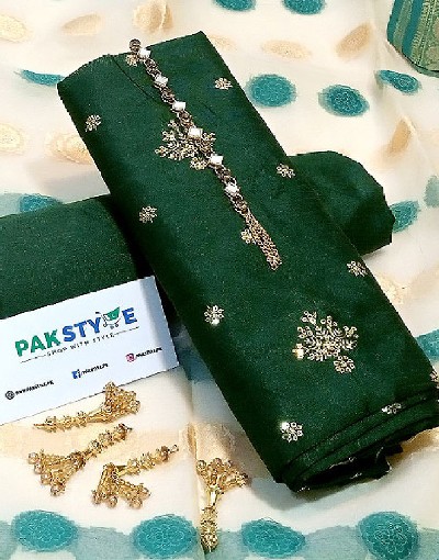 Banarsi Style Embroidered Raw Silk Dress with Organza Jacquard Dupatta Price in Pakistan