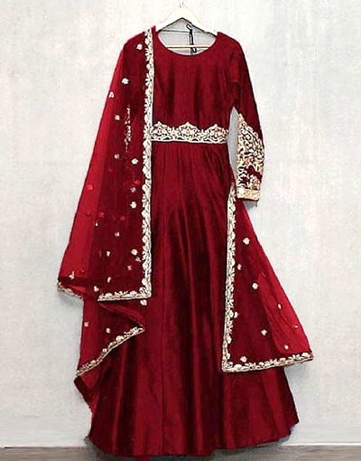 Readymade 3-Piece Embroidered Silk Maxi Dress with Embroidered Chiffon Dupatta Price in Pakistan