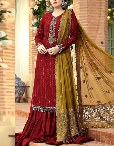 Heavy Embroidered Maroon Chiffon Party Dress 2023  Price in Pakistan
