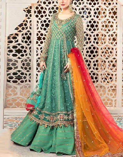 Luxury Heavy Embroidered Chiffon Bridal Maxi Dress 2023 with Embroidered Net Dupatta Price in Pakistan