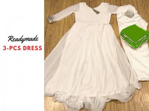 Readymade 3-Piece White Chiffon Maxi Dress with Chiffon Dupatta