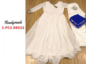 Readymade 3-Piece White Chiffon Maxi Dress with Chiffon Dupatta