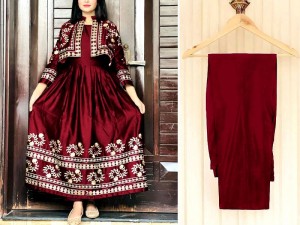 Readymade 2-Piece Koti Style Embroidered Shamoz Silk Frock Price in Pakistan
