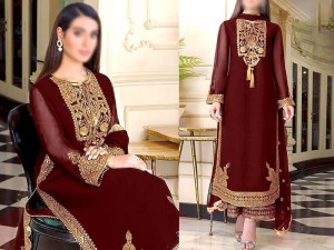 Elegant Embroidered Maroon Chiffon Party Dress 2022