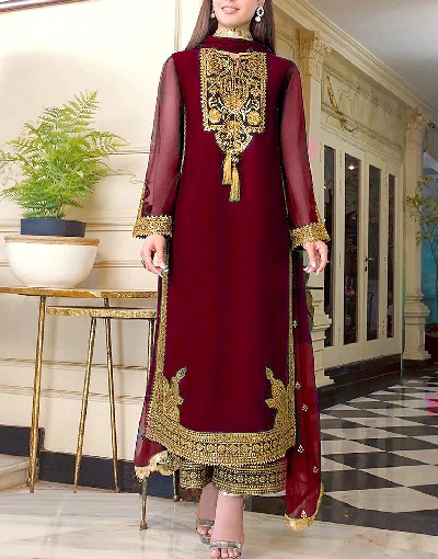 Elegant Embroidered Maroon Chiffon Party Dress 2024