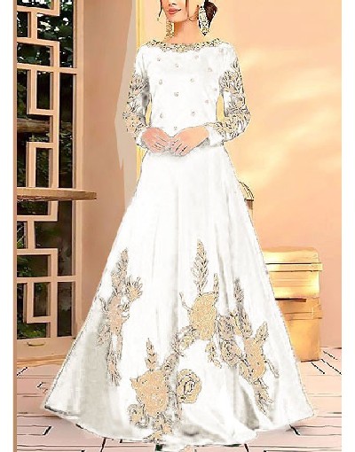 Readymade Embroidered White Shamoz Silk Maxi Price in Pakistan