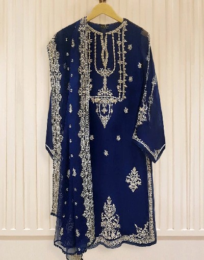 Handwork Heavy Embroidered Navy Blue Chiffon Wedding Dress 2024