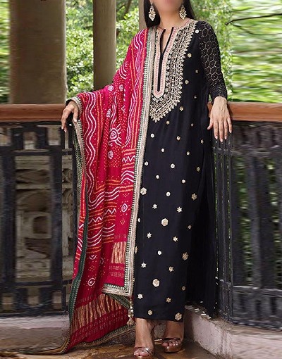 Handwork Heavy Embroidered Black Raw Silk Dress 2022 Price in Pakistan