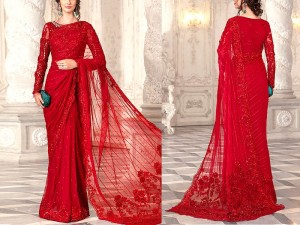 Luxury Embroidered with Handwork Red Net Saree 2023
