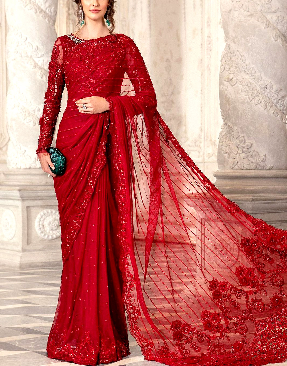 Luxury Embroidered with Handwork Red Net Saree 2023