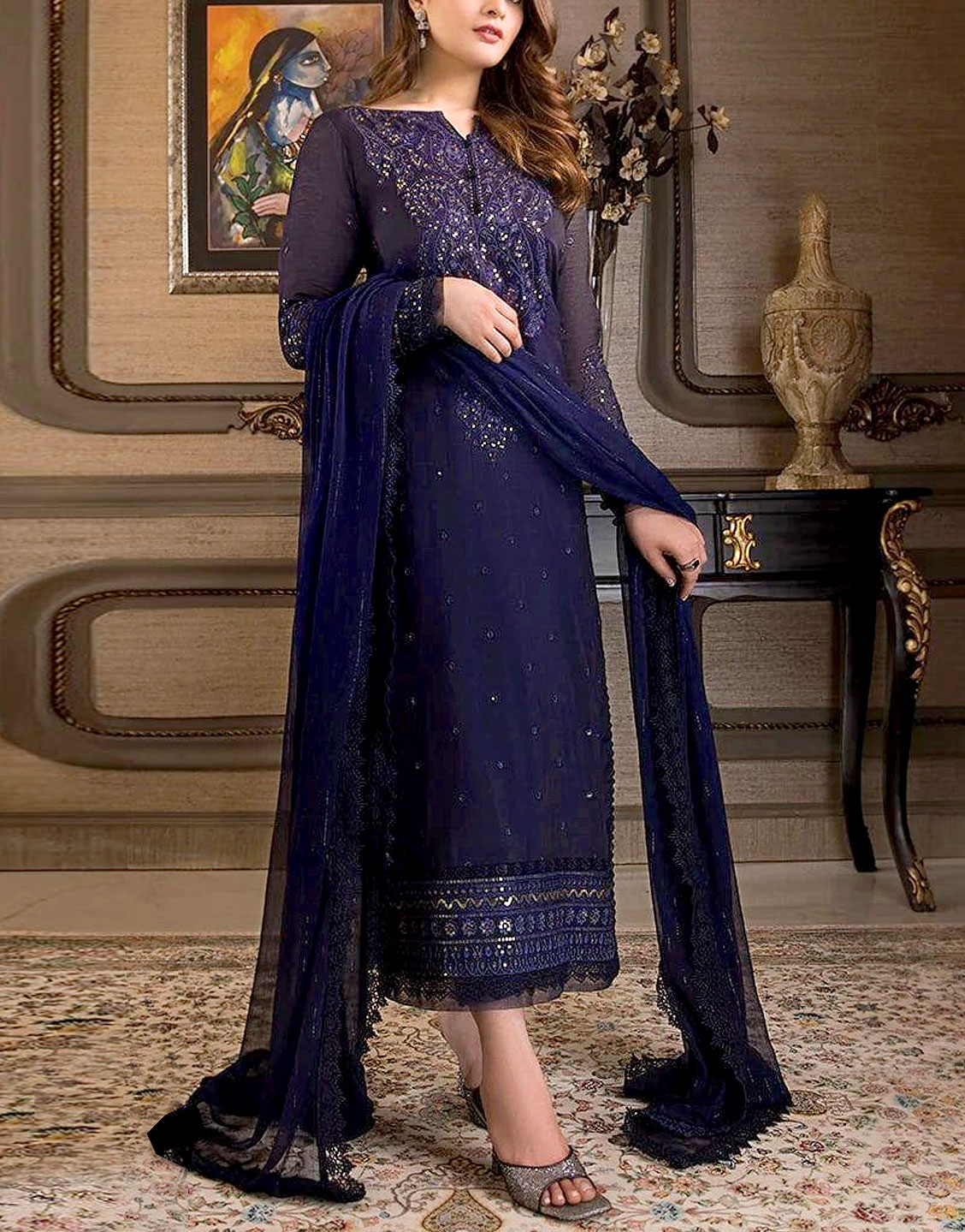 Fancy Navy Blue Embroidered Chiffon Wedding Dress 2023 Price in Pakistan