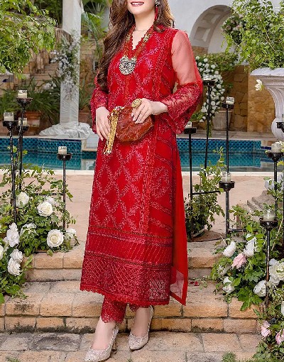 Heavy Embroidered Red Chiffon Party Wear Dress 2023 Price in Pakistan