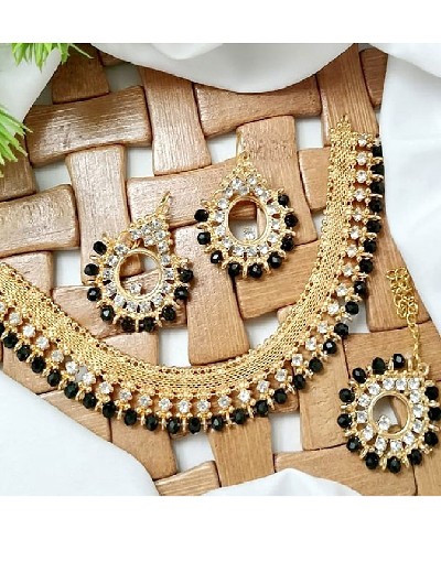 Elegant Black Stones Golden Jewelry Set with Earrings & Tikka Price in Pakistan