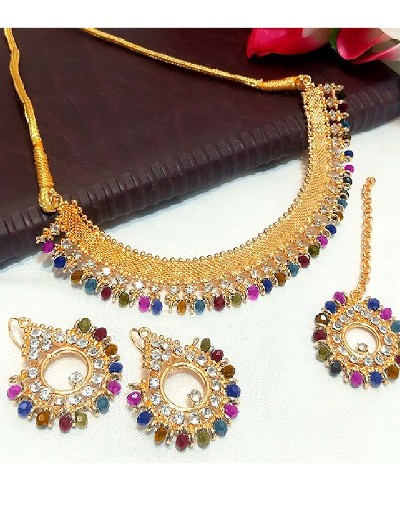 Multicolor Stones Golden Jewelry Set with Earrings & Tikka Price in Pakistan