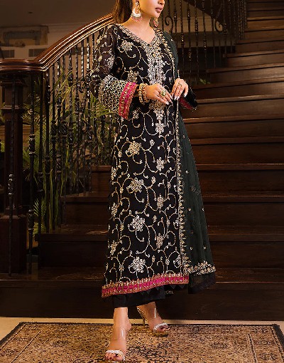 Heavy Embroidered Black Chiffon Wedding Dress 2023