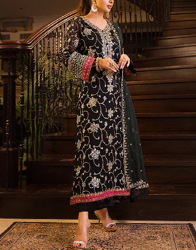 Heavy Embroidered Black Chiffon Wedding Dress 2024 Price in Pakistan