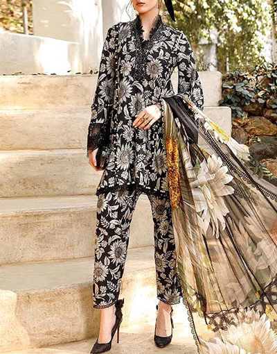 Trendy Sunflower Print Embroidered EID Lawn Dress 2023 with Diamond Lawn Dupatta Price in Pakistan