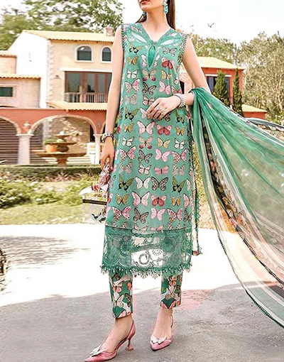 Trendy Butterfly Print Embroidered Lawn Dress 2024 with Diamond Lawn Dupatta Price in Pakistan