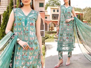 Trendy Butterfly Print Embroidered EID Lawn Dress 2023 with Chiffon Dupatta Price in Pakistan