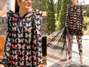 Trendy Butterfly Print Embroidered Lawn Dress 2023 with Chiffon Dupatta Price in Pakistan