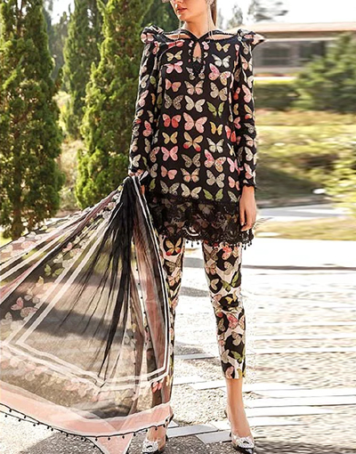Trendy Butterfly Print Embroidered Lawn Dress 2023 with Chiffon Dupatta Price in Pakistan