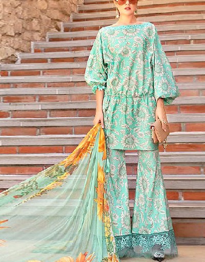 Trendy Sunflower Print Embroidered EID Lawn Dress 2023 with Digital Print Silk Dupatta Price in Pakistan