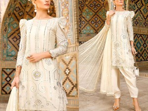 Luxury Schiffli Embroidered EID Lawn Dress with Embroidered Net Dupatta Price in Pakistan
