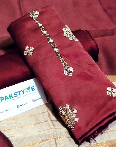 Banarsi Style Embroidered Shamoz Silk Dress with Silk Jhalar Dupatta Price in Pakistan