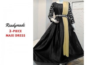 Readymade 3-Piece Embroidered Silk Maxi Dress with Chiffon Dupatta Price in Pakistan