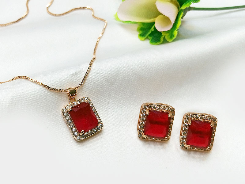 Square Shape Red Faux Ruby Pendant Necklace Set Price in Pakistan