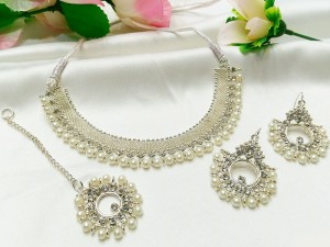 Elegant Silver Pearls Jewelry Set with Earrings & Tikka Price in Pakistan