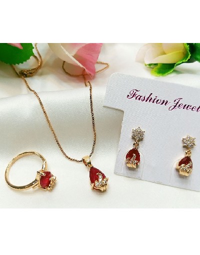 Beautiful Red Faux Ruby Necklace, Earrings & Ring Jewelry Set Price in Pakistan