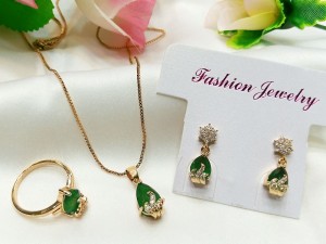 Beautiful Green Faux Ruby Necklace, Earrings & Ring Jewelry Set Price in Pakistan