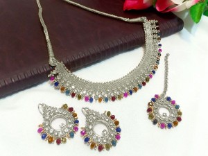Multicolor Stones Silver Jewelry Set with Earrings & Tikka Price in Pakistan