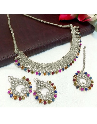 Multicolor Stones Silver Jewelry Set with Earrings & Tikka Price in Pakistan