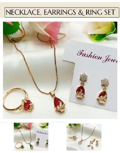 Beautiful Faux Ruby Necklace, Earrings & Ring Jewelry Set of Your Color Choice Price in Pakistan