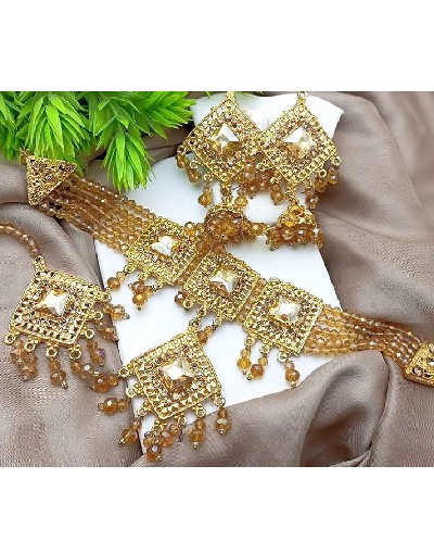 Stylish Champagne Stones Choker Set with Earrings & Teeka Price in Pakistan