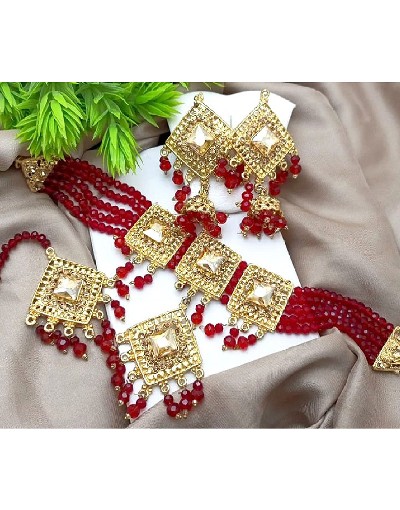 Stylish Red Stones Choker Set with Earrings & Teeka Price in Pakistan