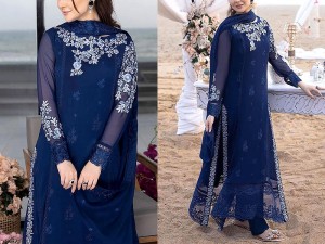 Elegant Embroidered Navy Blue Chiffon Party Wear Dress 2023