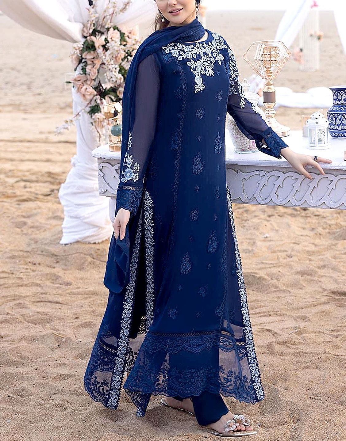 Elegant Embroidered Navy Blue Chiffon Party Wear Dress 2023