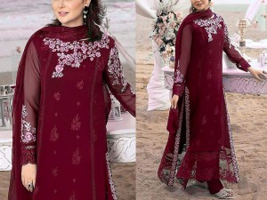 Elegant Embroidered Maroon Chiffon Party Wear Dress 2024 Price in Pakistan