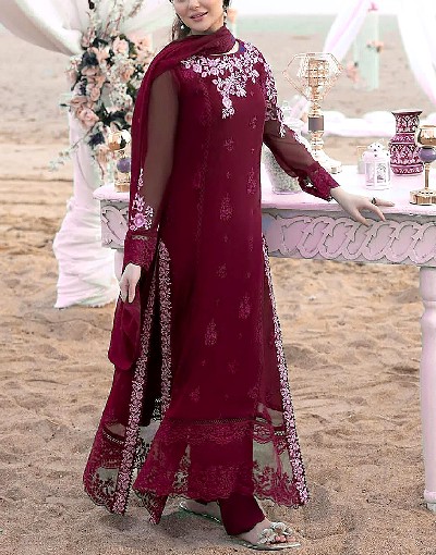 Elegant Embroidered Maroon Chiffon Party Wear Dress 2023 Price in Pakistan